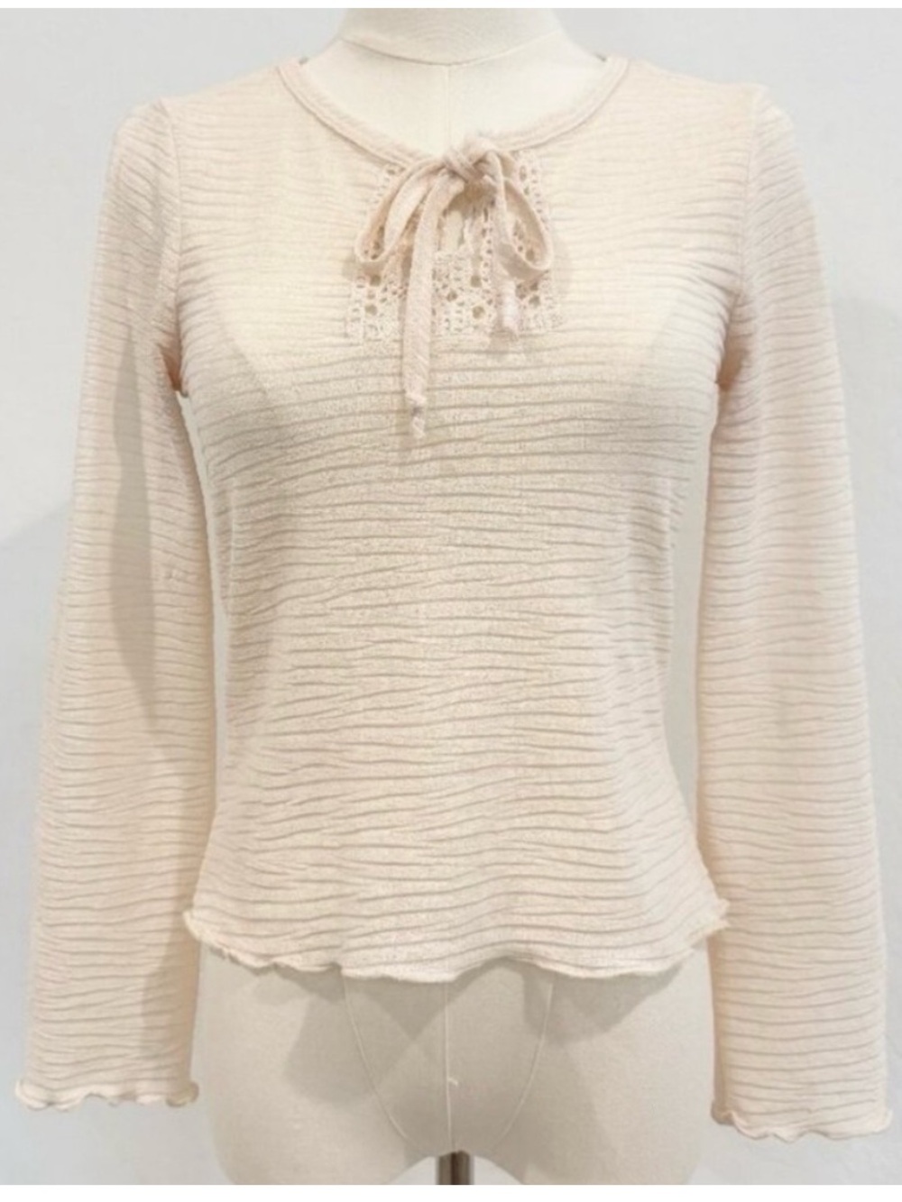 My Michelle Blouse Size Medium Cream Crochet Tie Front Lettuce Coquette Fairy